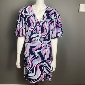 NWT Nicole Miller puff sleeve multi print chiffon midi faux wrap dress size 14